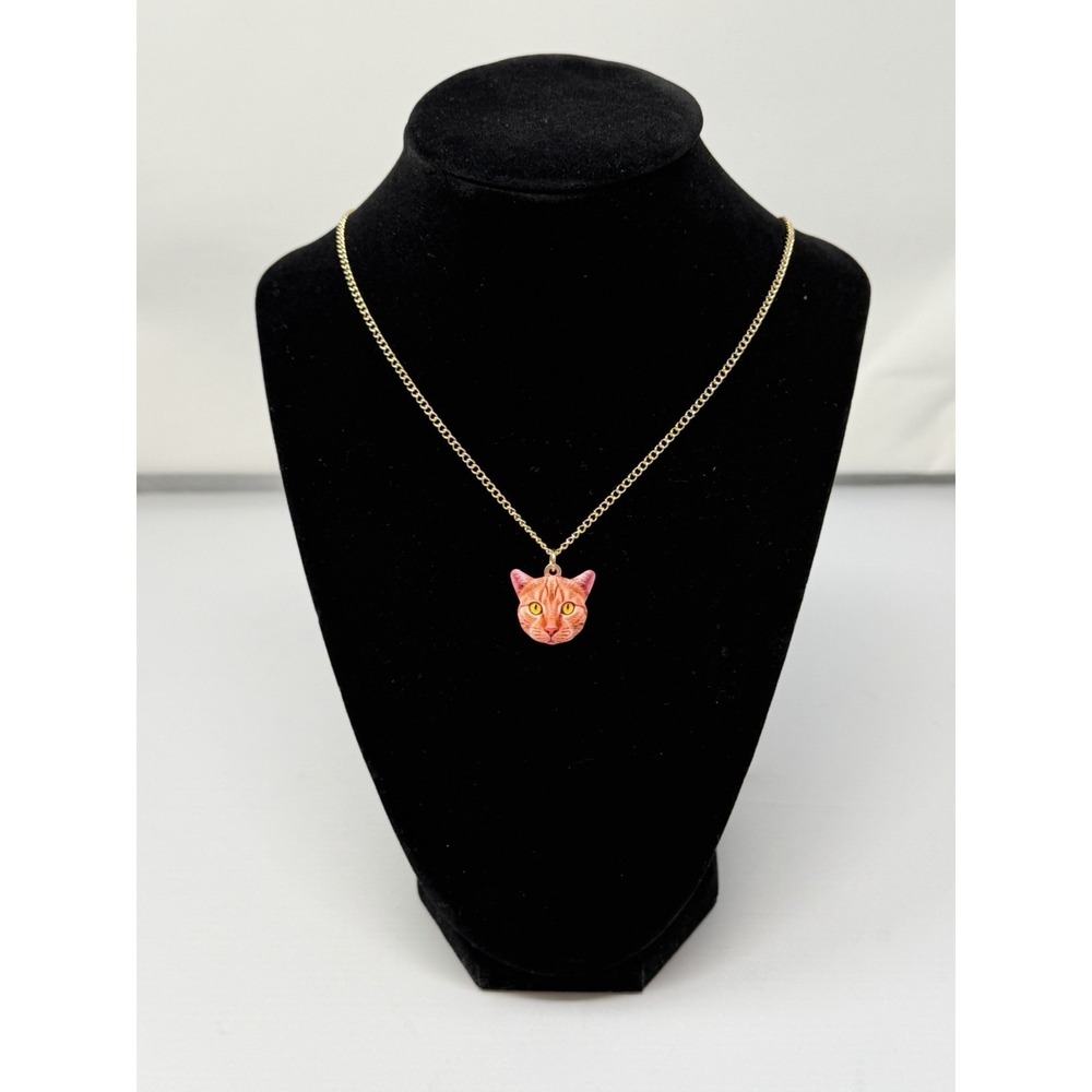 Gold Tone Orange Tabby‎ Cat Charm Necklace 24 Inch Chain Nickel Free